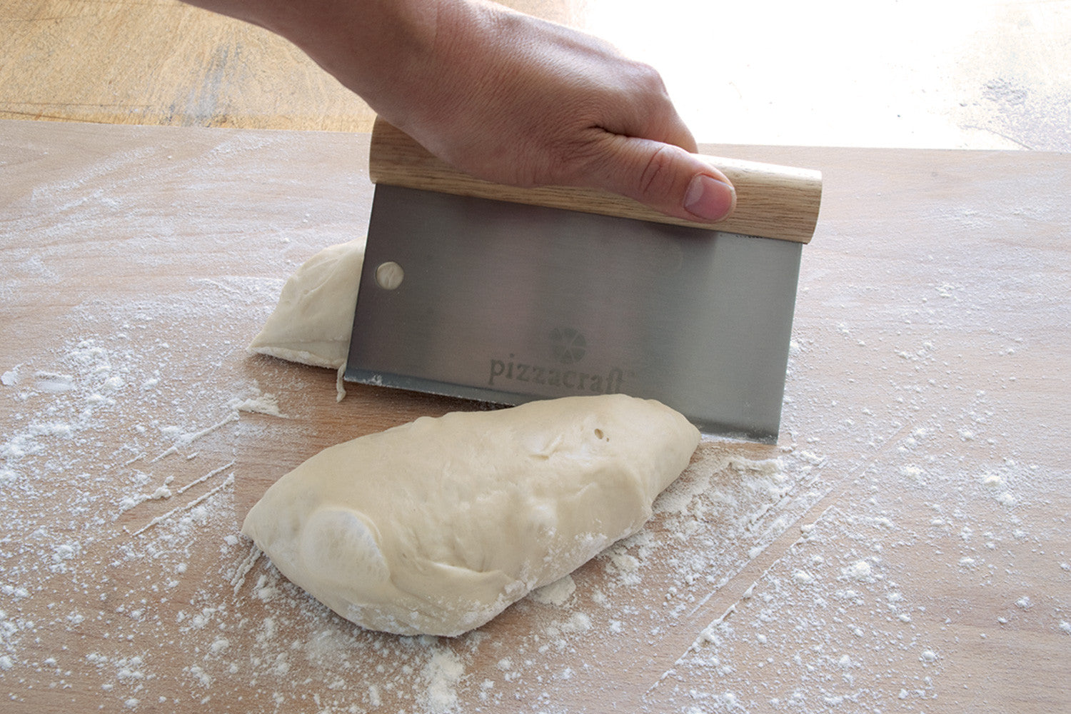 Cutting Dough with the Stainless Steel Dough Scraper with Wood Handle