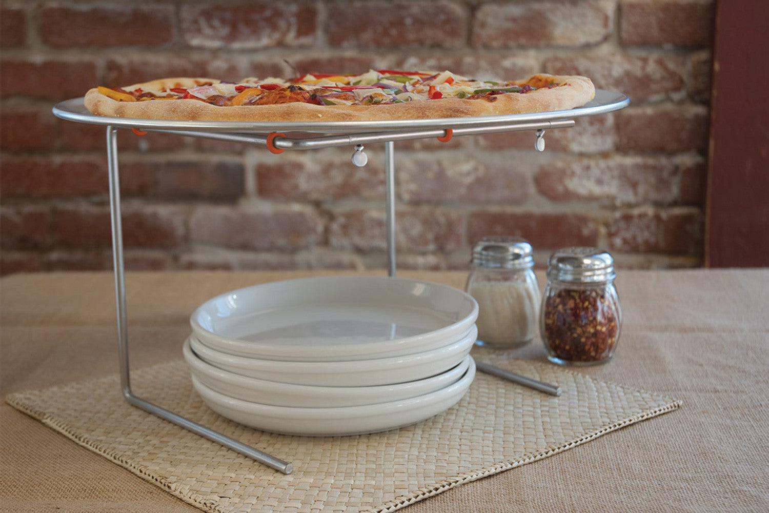 Pizza Stand and 16" Aluminum Pizza Pan with Condiments and Dishes